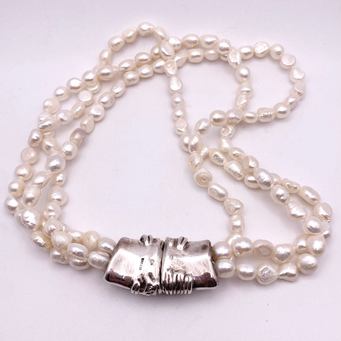 Sterling Silver and Three Strands Fresh Water Pearls Necklace 16” Made In Israel