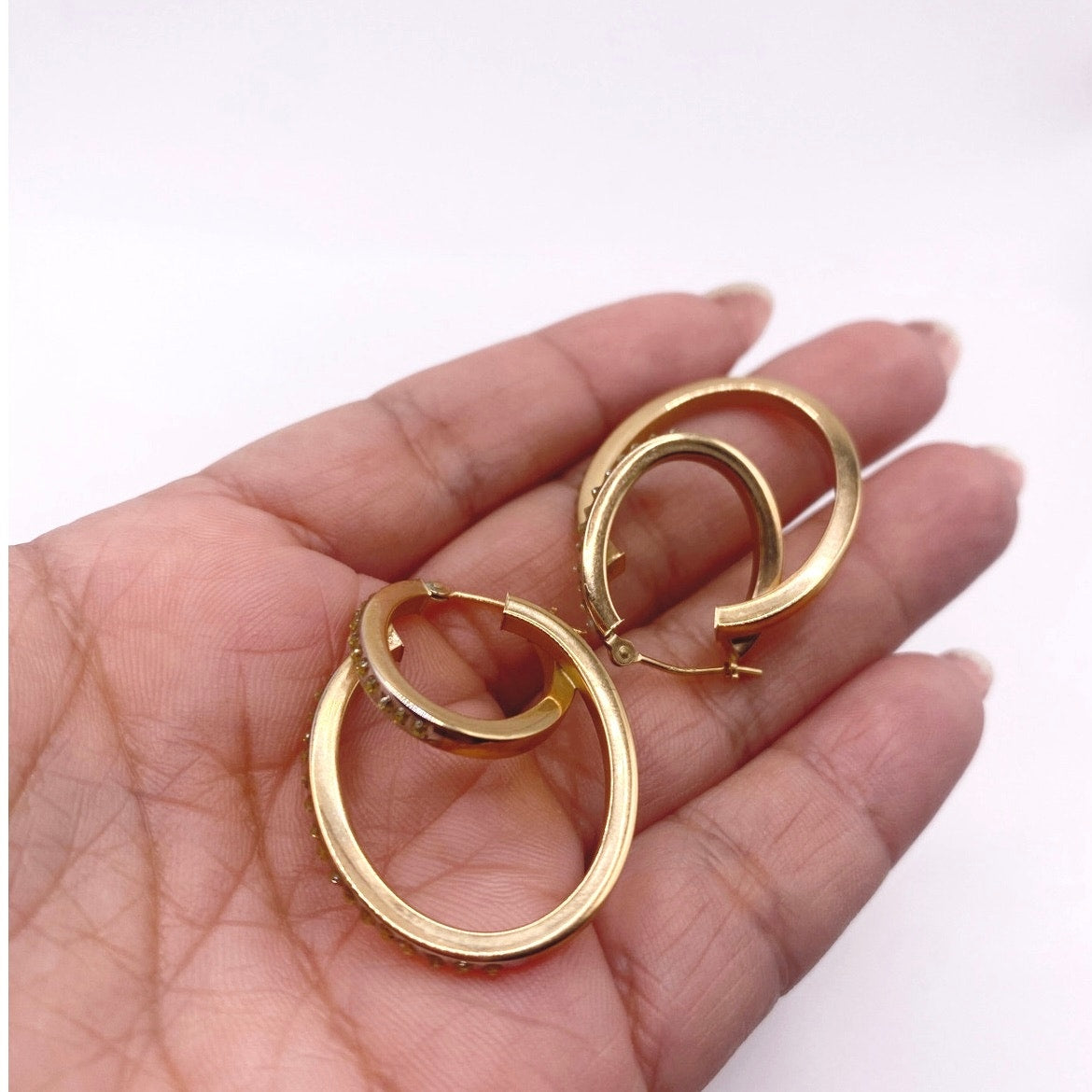 14k Gold Vintage Double Hoop and Diamond Chips Signed SLC
