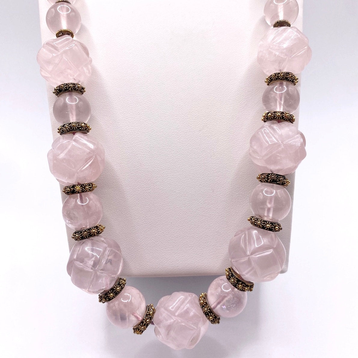 Shou Signed Carved Rose Quartz Vintage Chinese Necklace Vermeil Clasp
