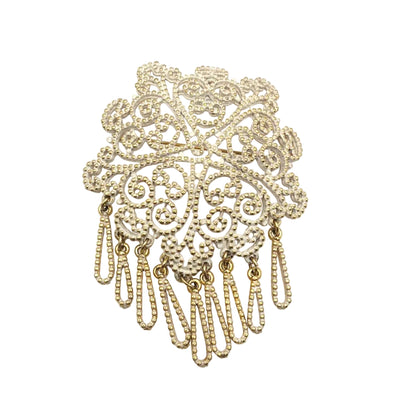 Large White and Gold Tone Filigree Brooch and Pendant with Dangling Charms 2.5”