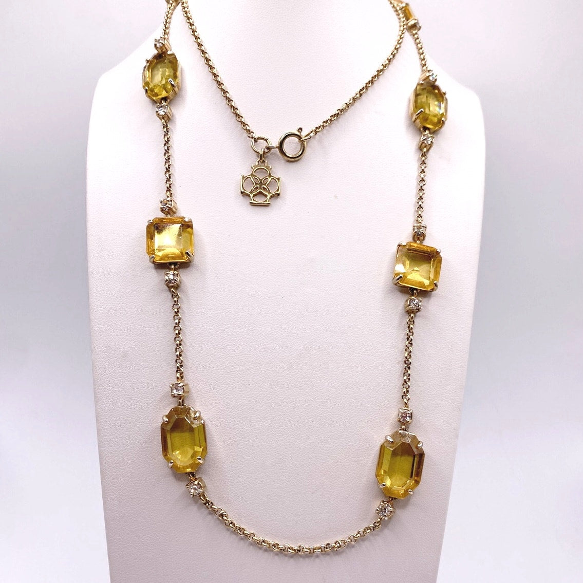 Vntg Ann Taylor Extra Large Necklace with Yellow Square Faceted Glass Stones 30”