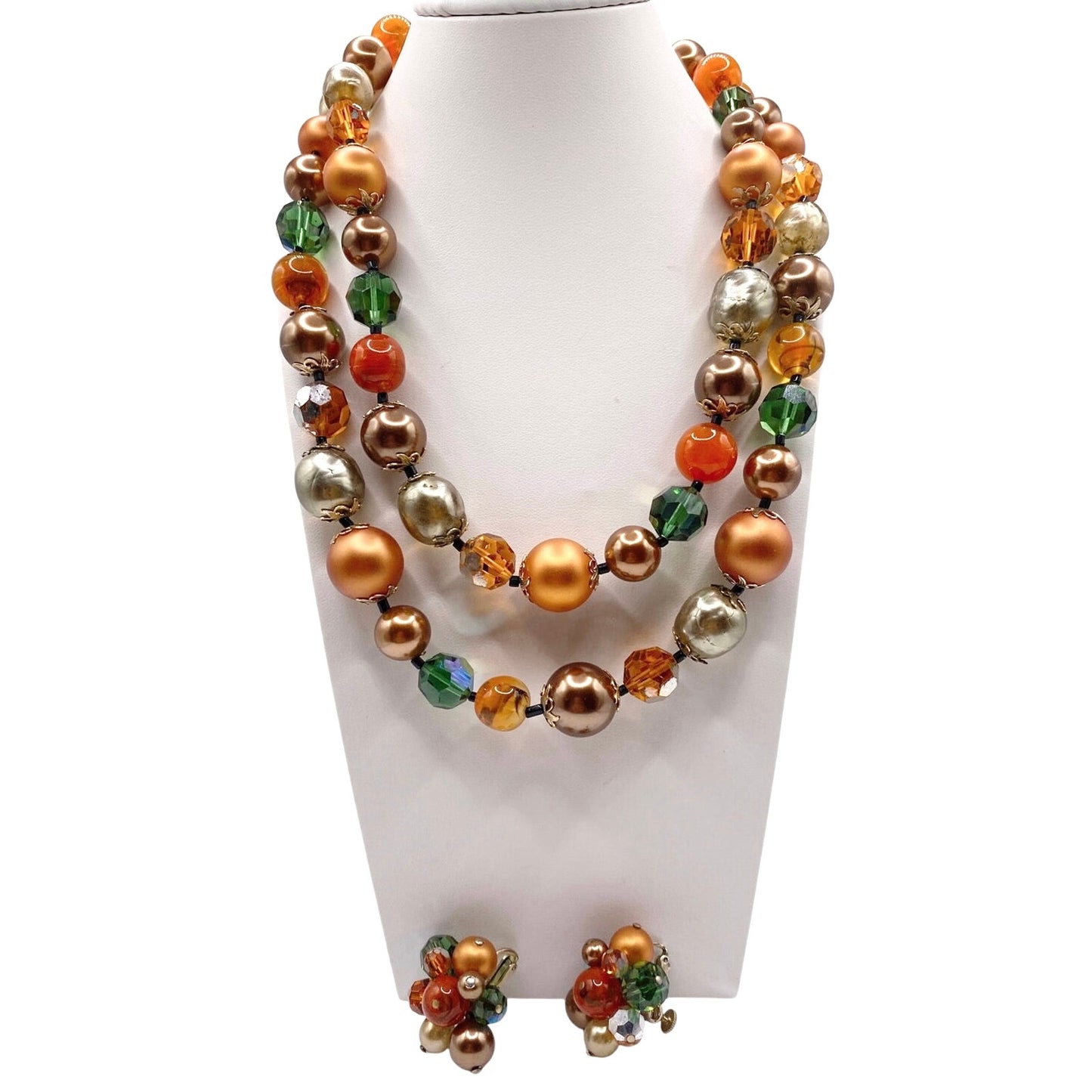 Vendome Lucite Beads Signed Autumn Tones Necklace and Clip On Earrings Set