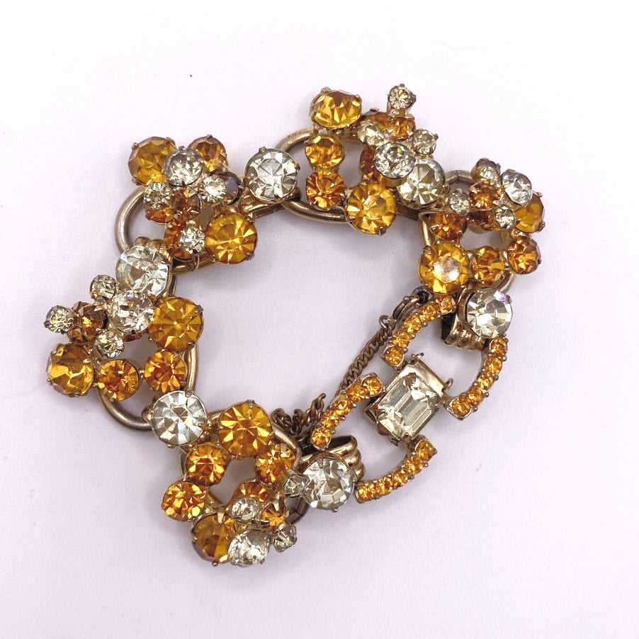 Juliana Vintage MidCentury Bracelet Beautiful Orange and Green Tone Rhinestones