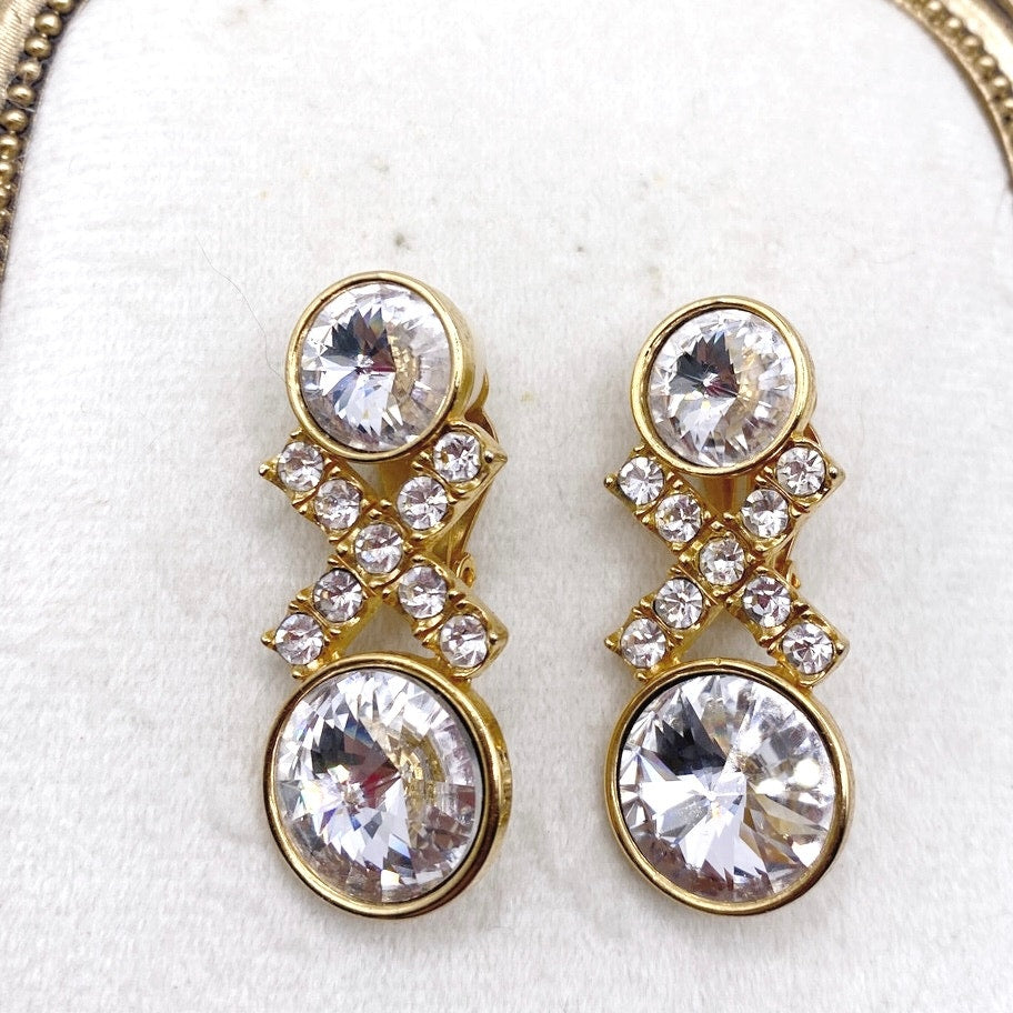 Vintage Clip On Earrings Ravioli White Stones and Rhinestones Gold Tone