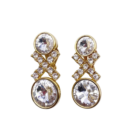Vintage Clip On Earrings Ravioli White Stones and Rhinestones Gold Tone