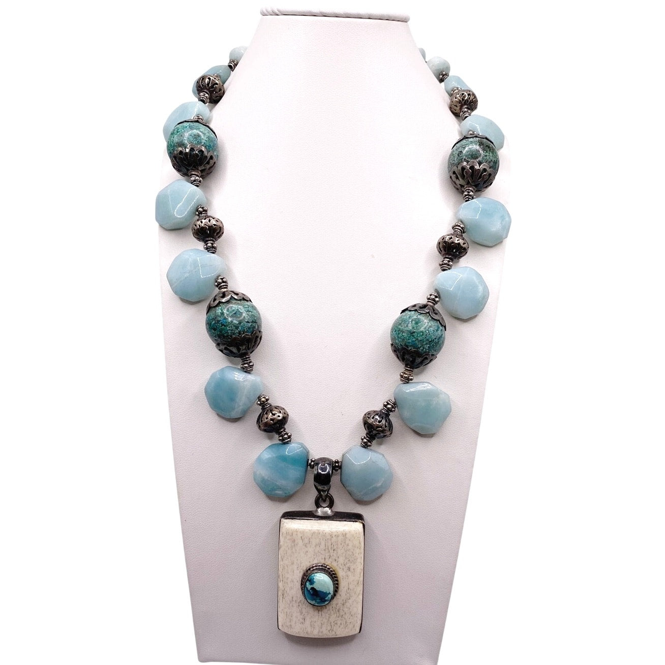 Sterling Silver and Gemstones Necklace, Amazonite, Turquoise and Bone Pendant