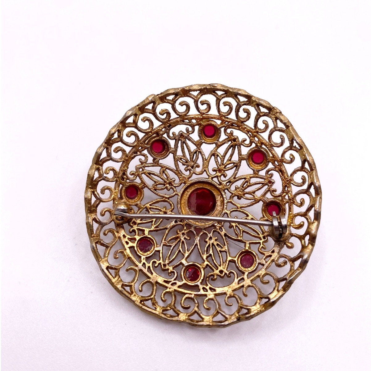 Vintage Filigree Gold Tone Brooch Molded Red Glass 2”