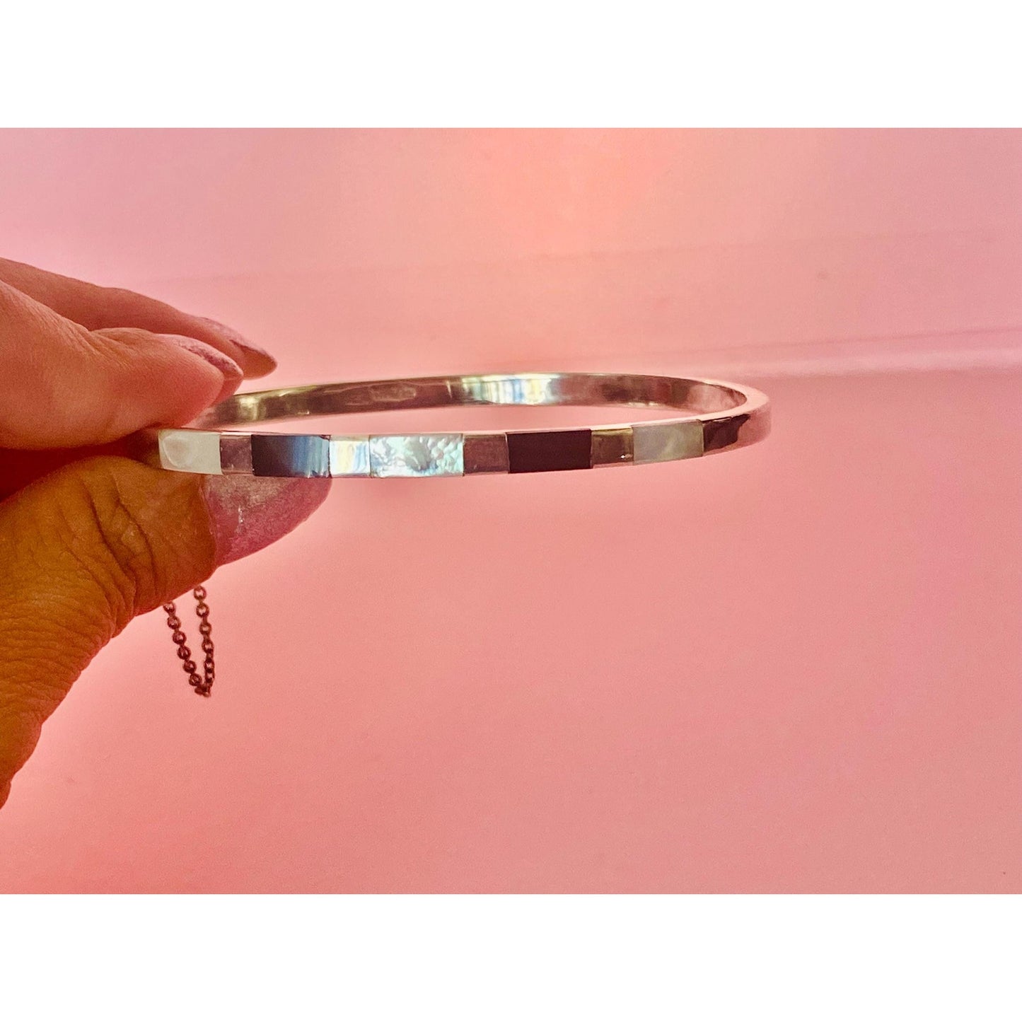 Sterling Silver Bangle Bracelet Mother Of Pearl and Onyx