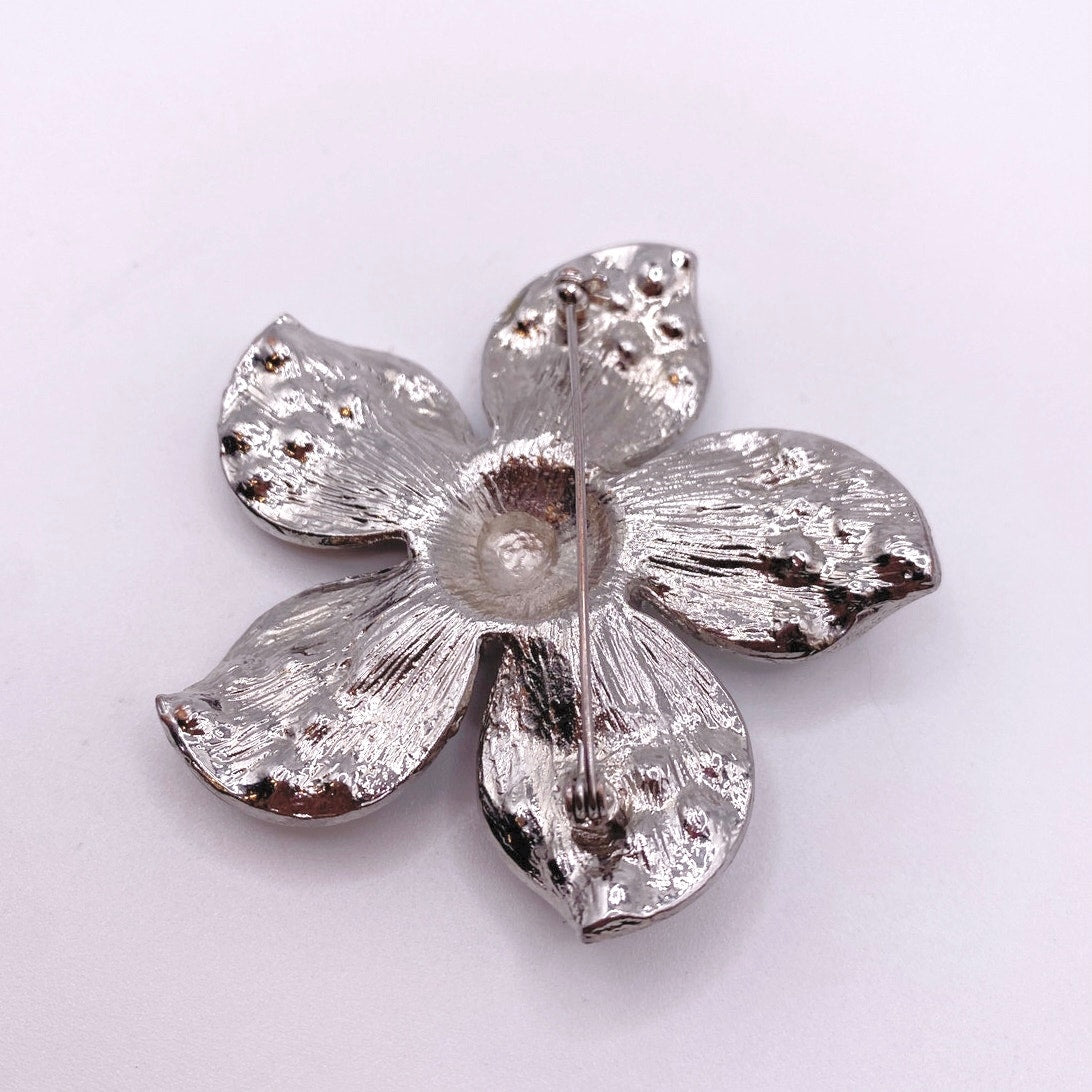 Vintage Silver Tone Brooch Flower With Rhinestones 2”