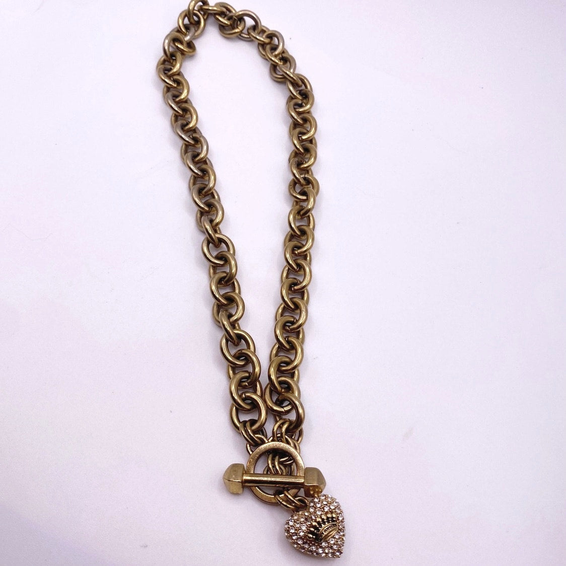 Juicy Couture Vintage Gold Tone Necklace Rhinestone Heart Pendant Toggle Closure