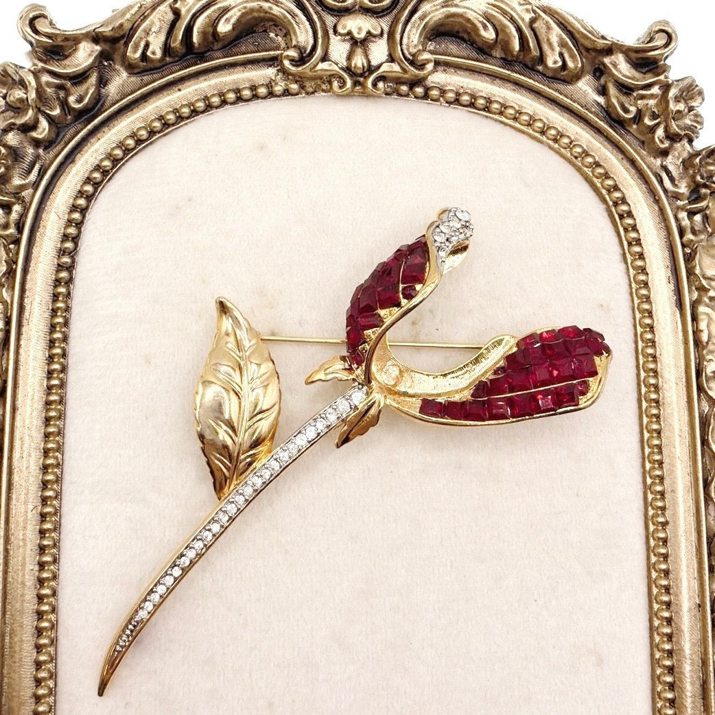 Vintage Flower Square Red Rhinestones Gold Tone 3.5”