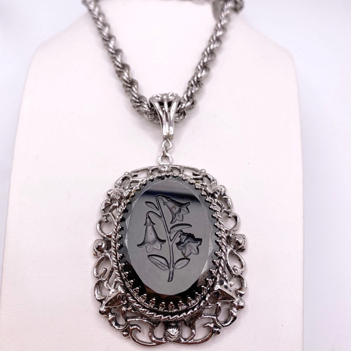 Vintage Whiting Davis Hematite Floral Reverse Cameo 22”