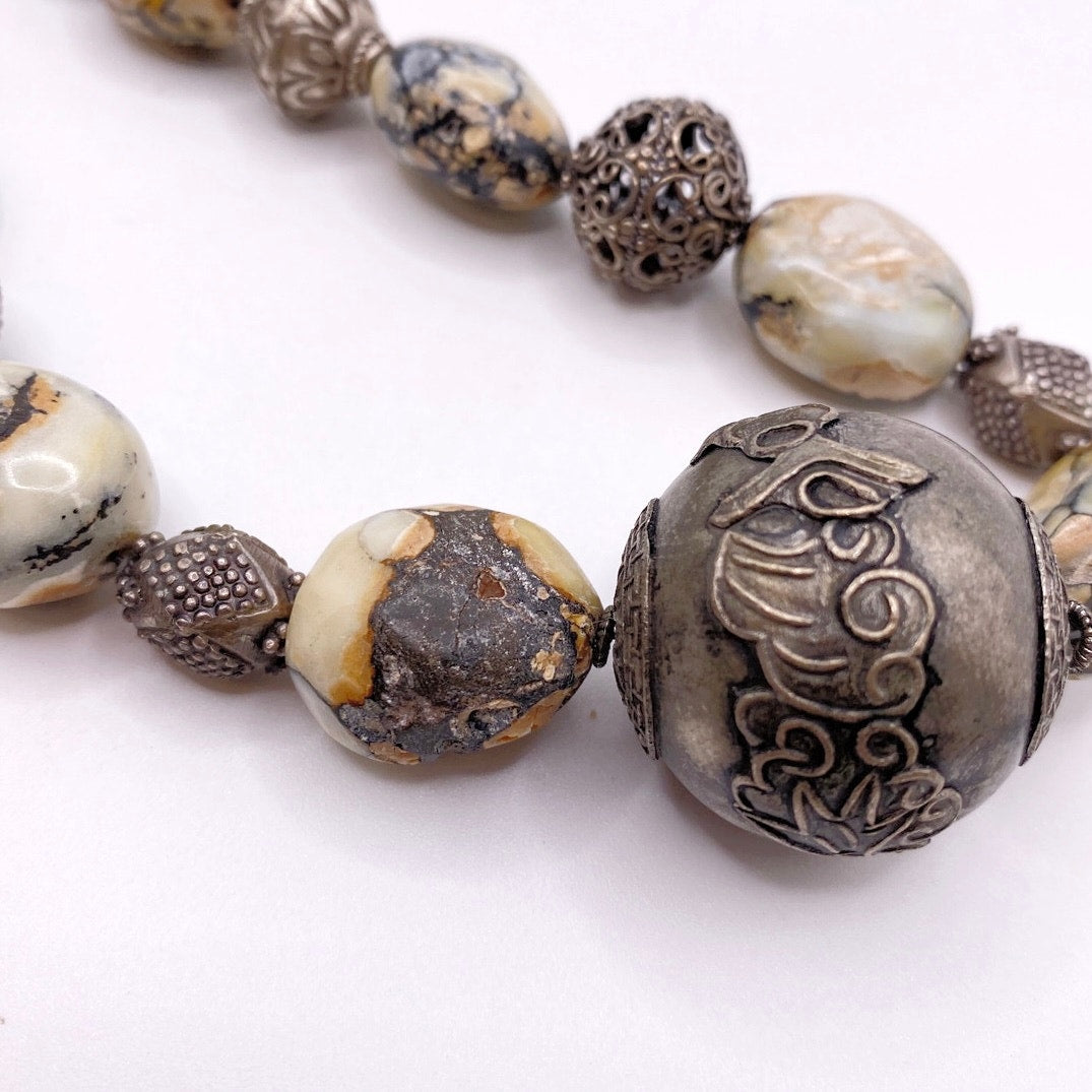 Vintage Jasper Stone Beads And Silver Tone Ornamented Metal Beads Necklace 16”