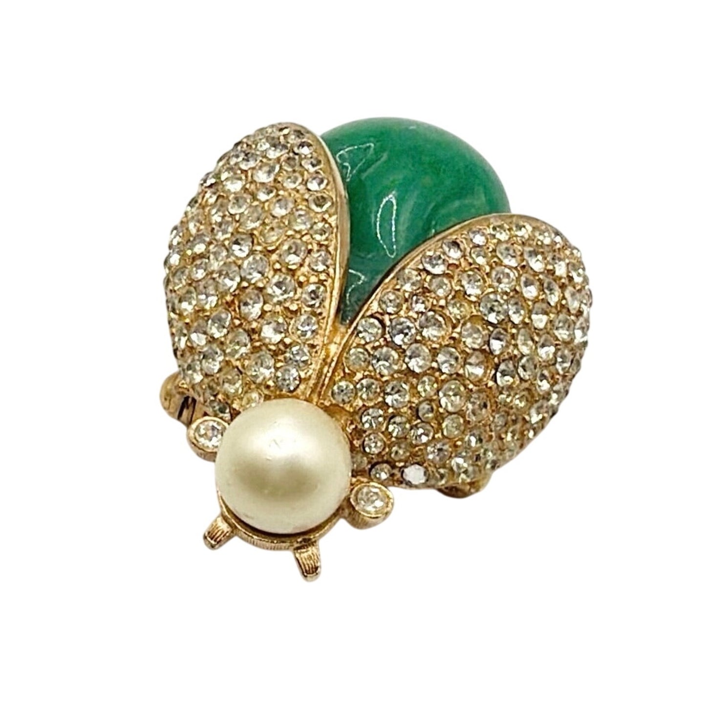 Vintage Rhinestones Scarab Brooch With Green Lucite Stone