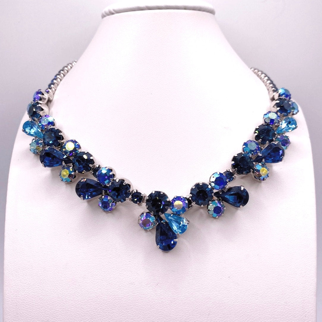 Weiss Stunning Vintage AB Royal Blue Rhinestones Necklace 16”