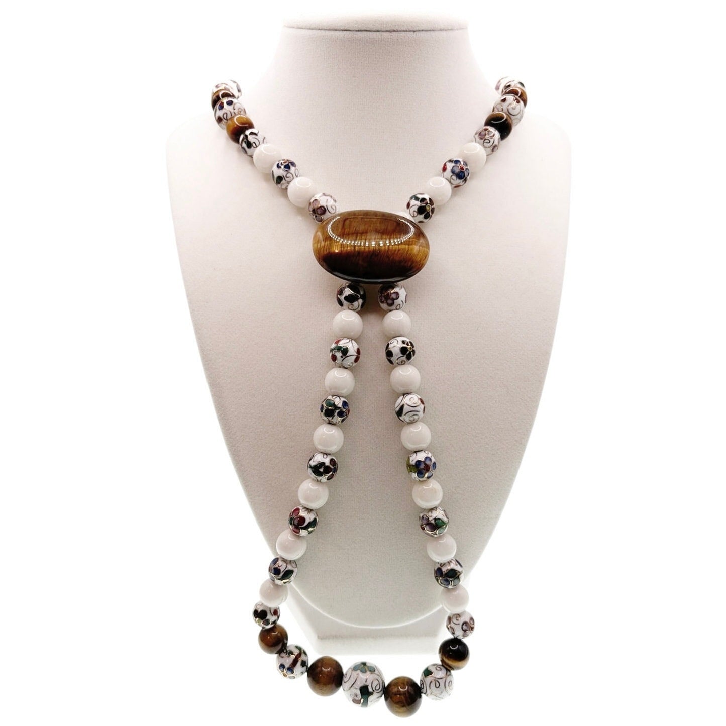 Jadeite Cloisonné and Tiger Eye Vintage Chinese Necklace 36”