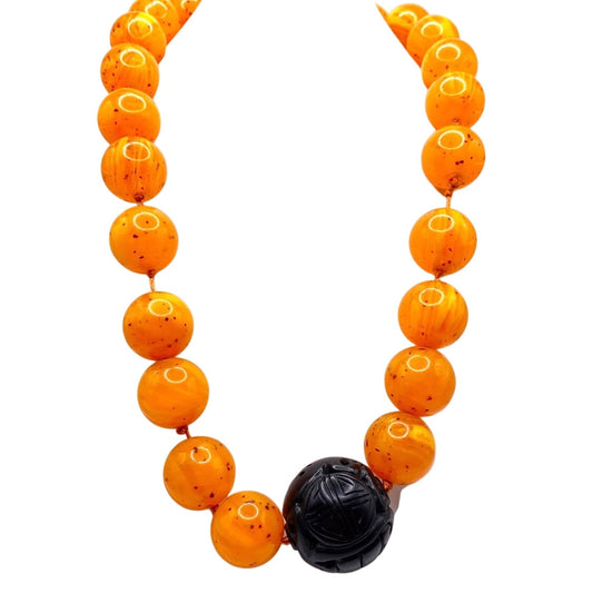 Vtg Orange Lucite and Black Carved Bakelite Necklace St Silver Closure