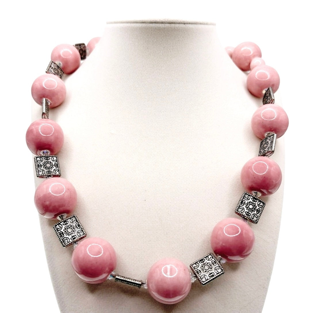 Soft Pink Ceramic Beaded Long Necklace 26”