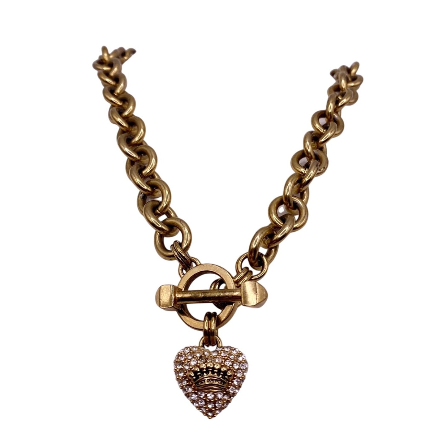 Juicy Couture Vintage Gold Tone Necklace Rhinestone Heart Pendant Toggle Closure