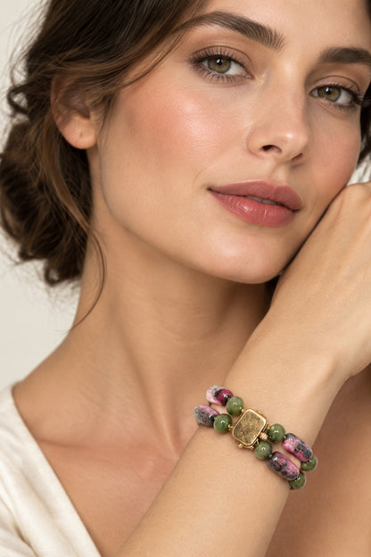 14k Gold Box Closure Vintage Rhodonite Barrel Stones Necklace and Bracelet Set