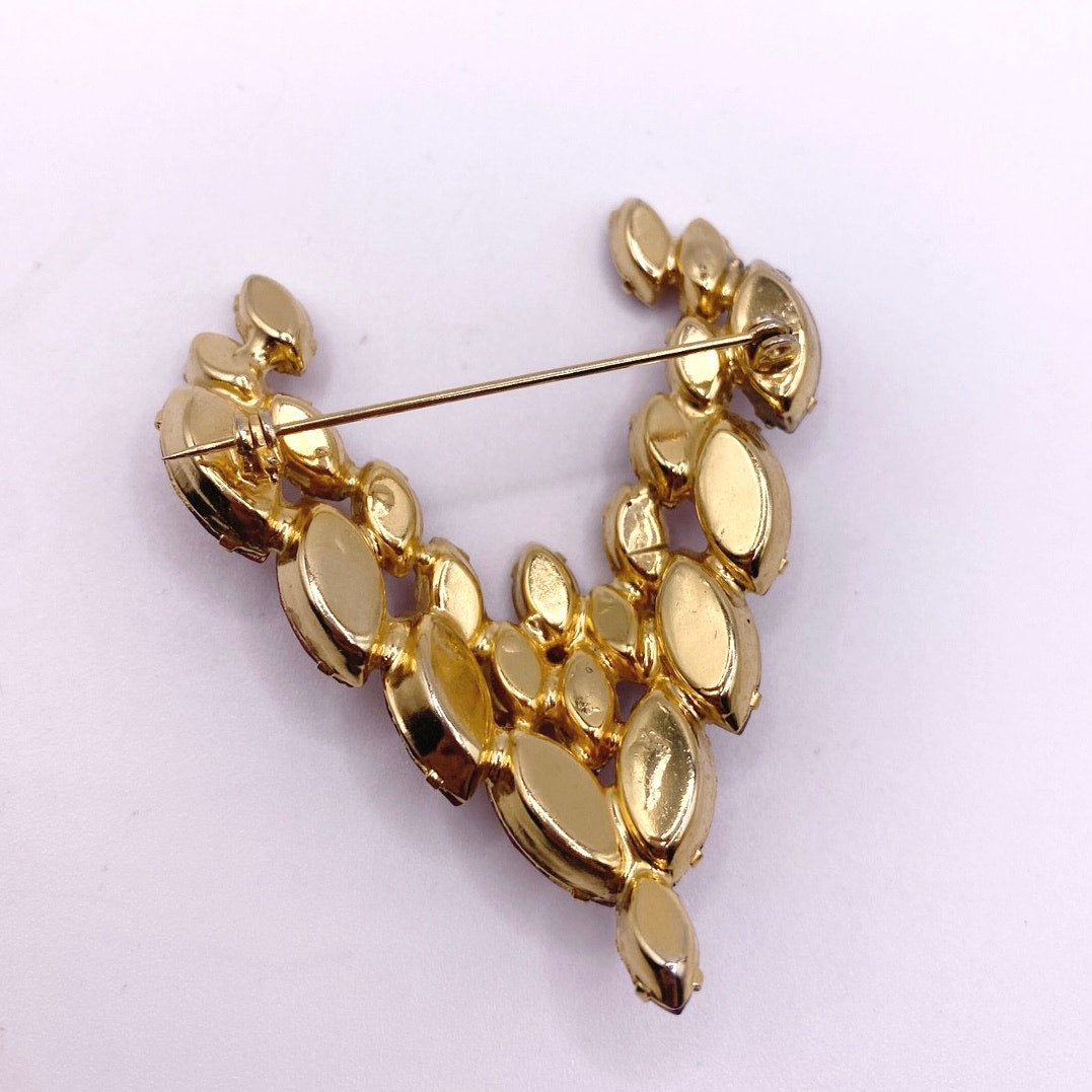 Red Rhinestones Vintage  Brooch V Shape 2.5”