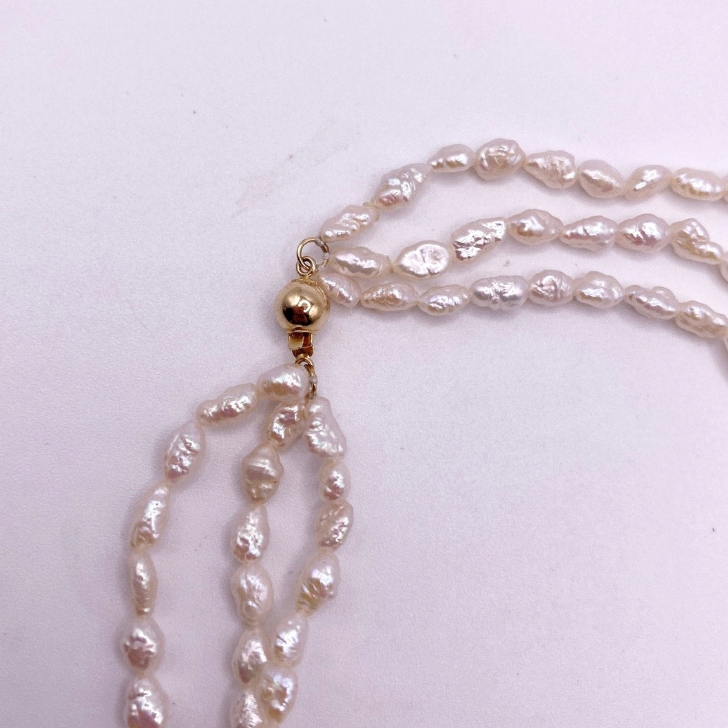 Three Strand 14k Gold Beads and Clasp Rice Mother of Pearl Onyx Necklace 16.5”
