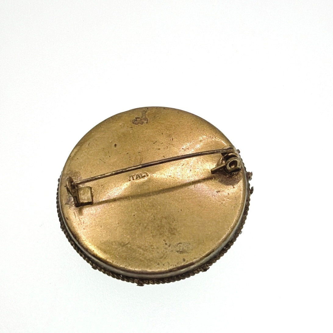 Micro Mosaic Vintage Floral Italian Brooch 1.5” Signed on Brass