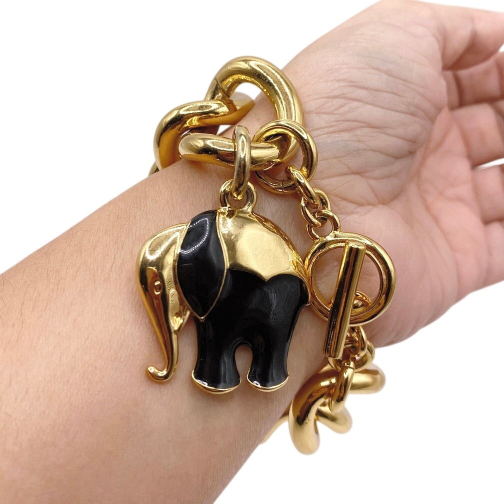 Trina Turk Vintage Chunky Links Bracelet Gold Tone Elephant Charm 8”