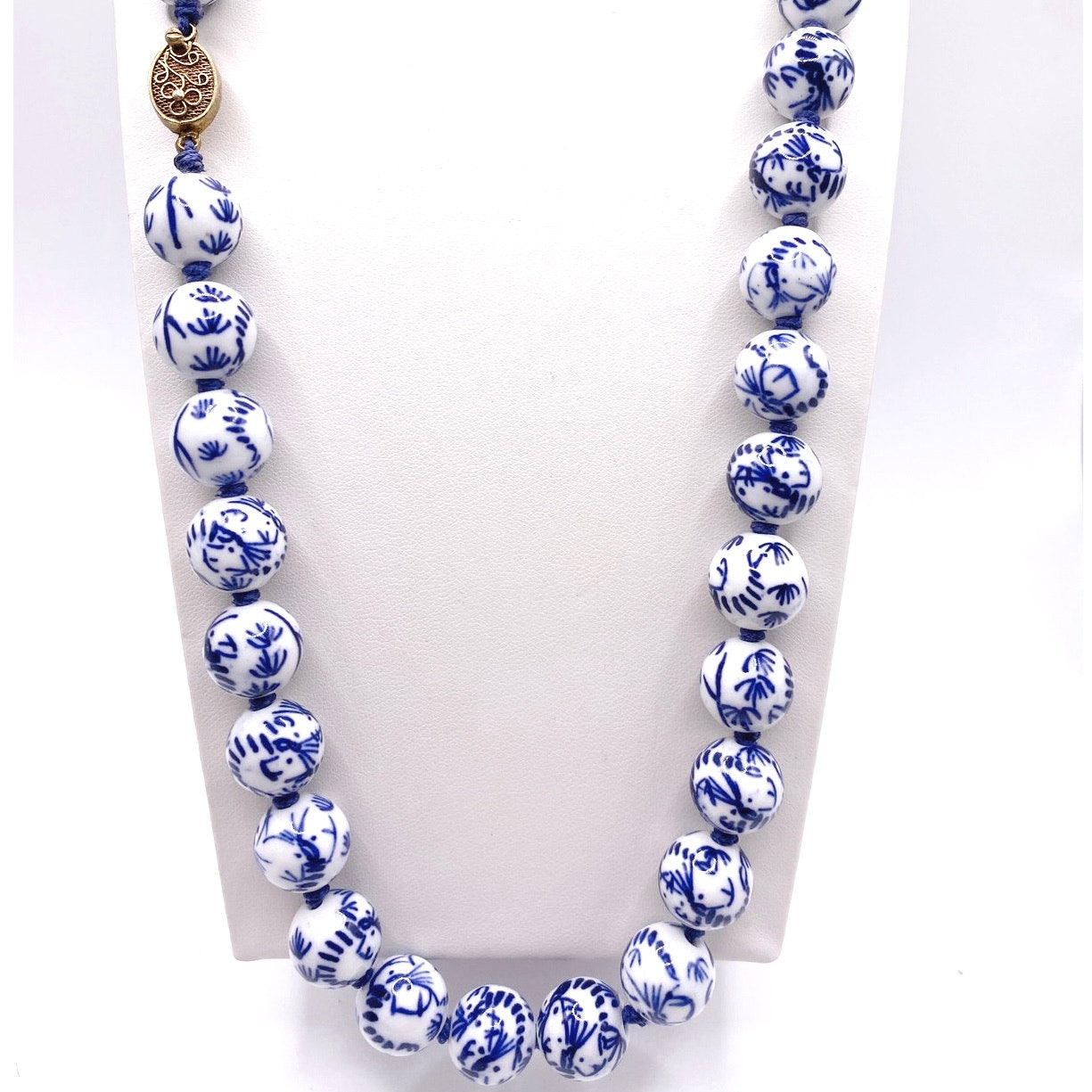 Vintage Chinese Necklace Hand Painted Blue and White Porcelain Beads 22”