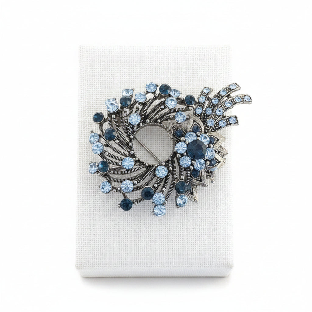 Blue Glass Rhinestones Vintage Floral Brooch