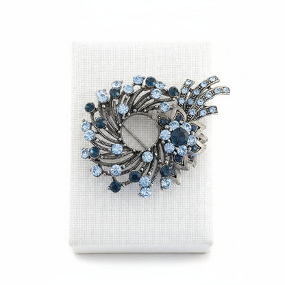 Blue Glass Rhinestones Vintage Floral Brooch