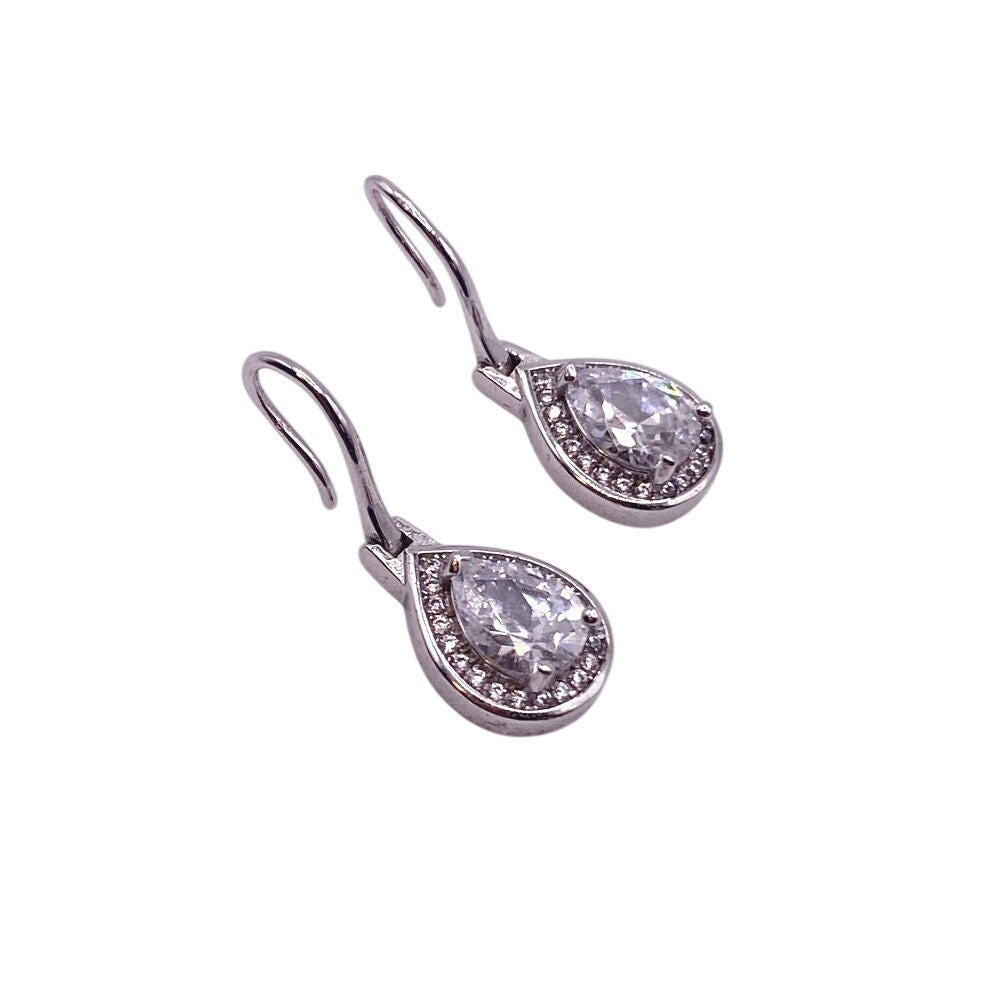 Sterling Silver Earrings with Dangling White Cubic Zirconia Tear Drop 1cm