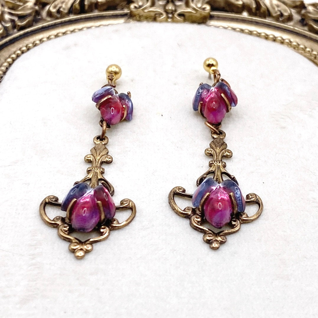 Vintage Filigree Brass Dangling Earrings Pink and Purple Glass Stones