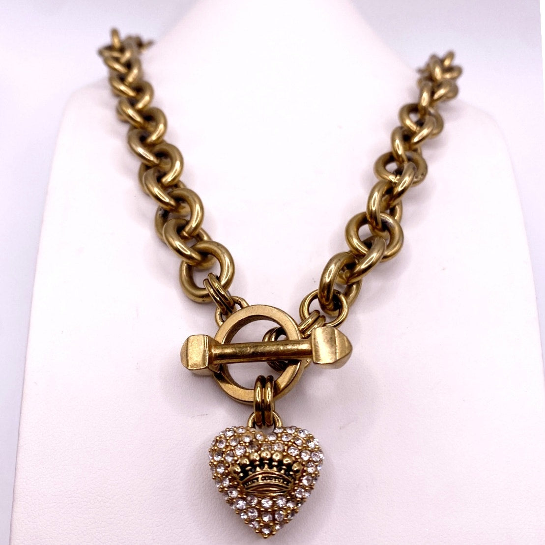 Juicy Couture Vintage Gold Tone Necklace Rhinestone Heart Pendant Toggle Closure