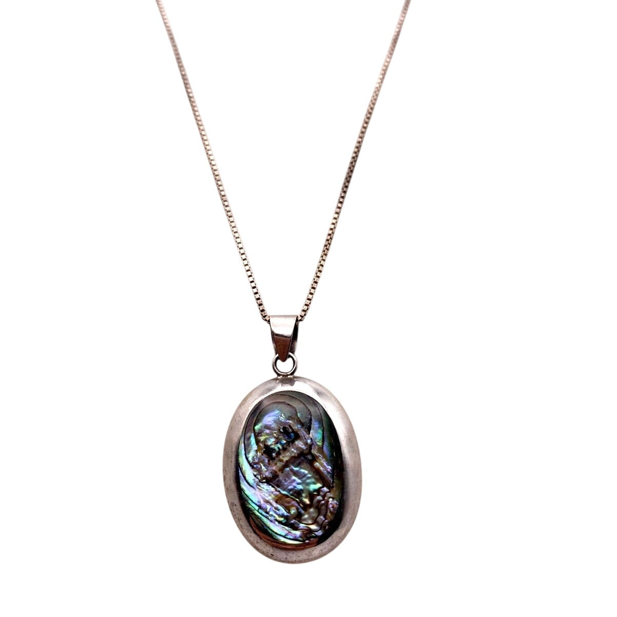 Sterling Silver Shiva Eye Shell and Abalone Double Face Pendant and Necklace 18”