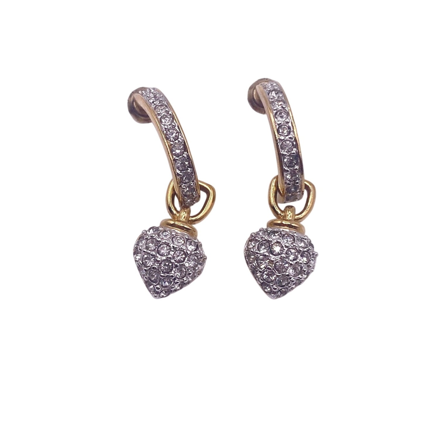 Gold Plated Two Tone Pave Rhinestones Heart Drop Half Hoop Studs