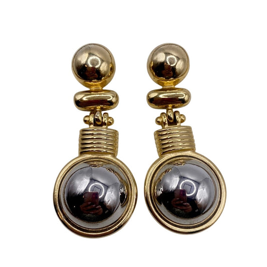 Two Tone Vintage Clip on Dangling Earrings 2” Modernist Designs