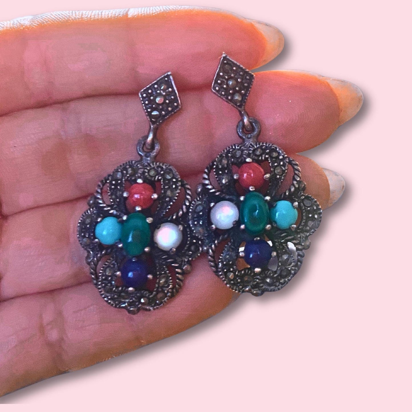 Silver Marcasite Multi Gemstones Studs Dangling Earrings