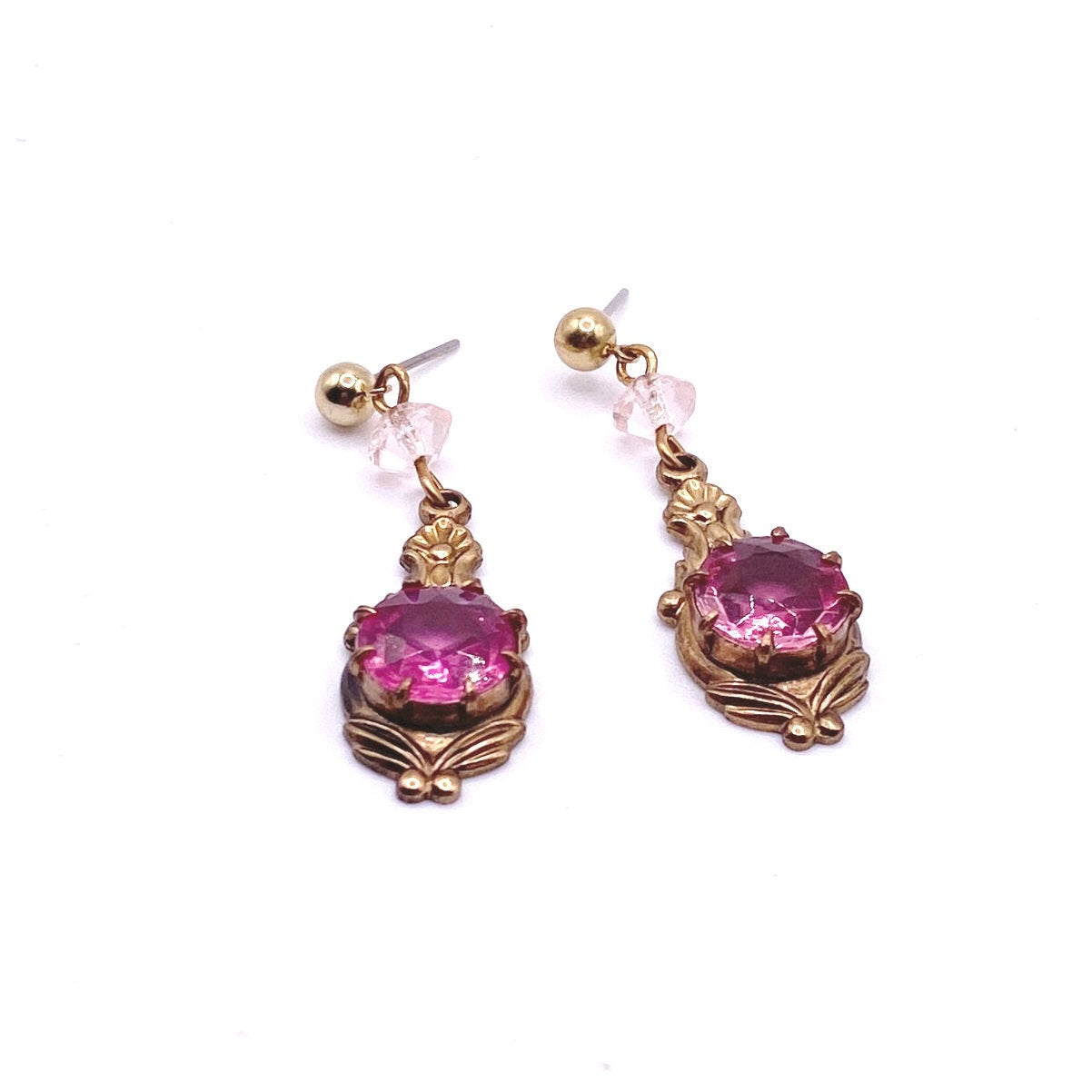 Vintage Brass Filigree Dangling Earrings Lustrous Pink Rhinestones