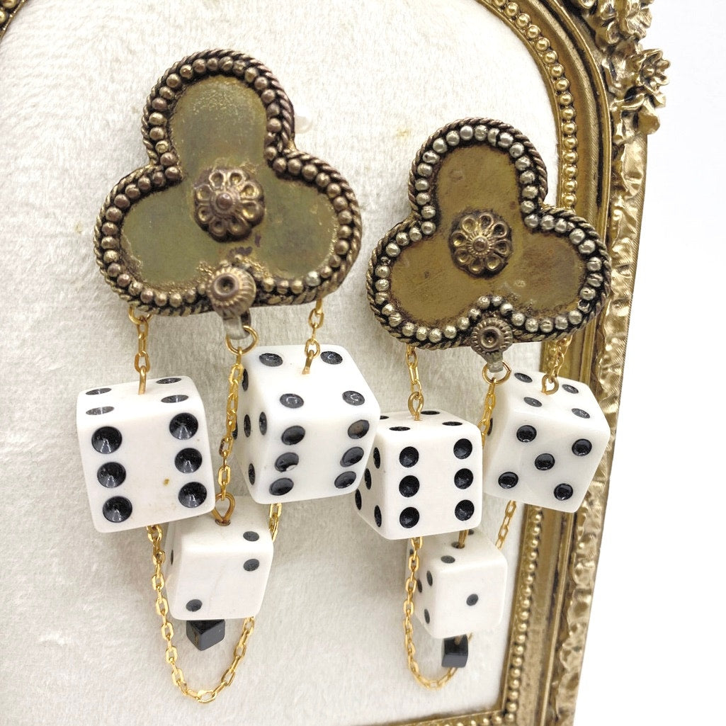 Vintage Brass and Resin Dice Handmade Statement Clip On Earrings 80s Style