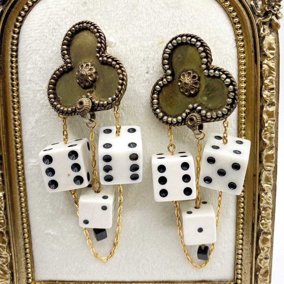 Vintage Brass and Resin Dice Handmade Statement Clip On Earrings 80s Style