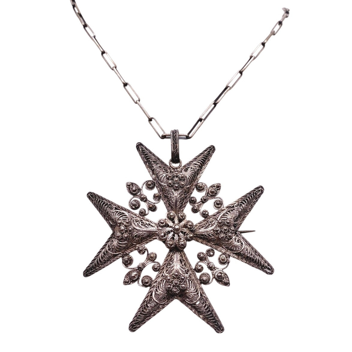 Vintage Metal Artwork Maltese Cross Silver Tone on Paper Clip Necklace 16”