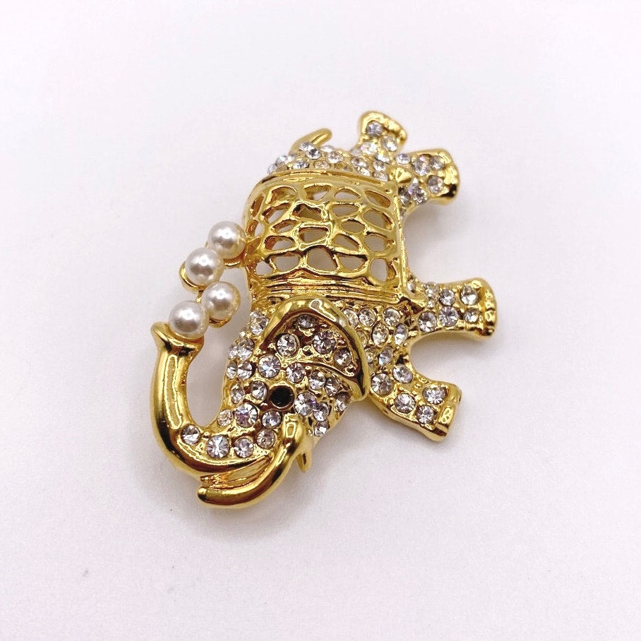 Gold Tone Elephant Brooch with Faux Pearls and Rhinestones