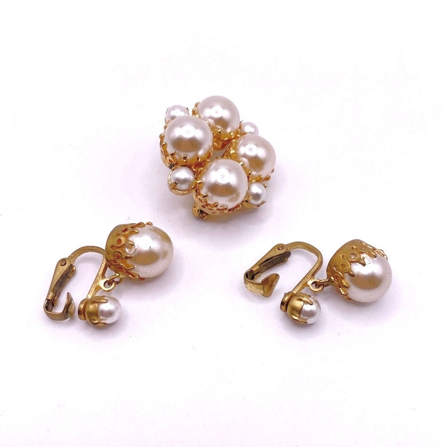 Vintage Clip On Earrings and Brooch Faux Pearls Austria Signed