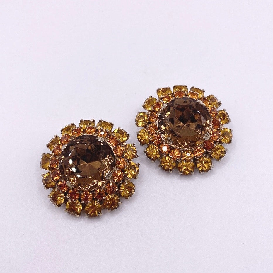 Vntg Yellow Topaz Tone Austrian Crystals Large Clip On Earrings