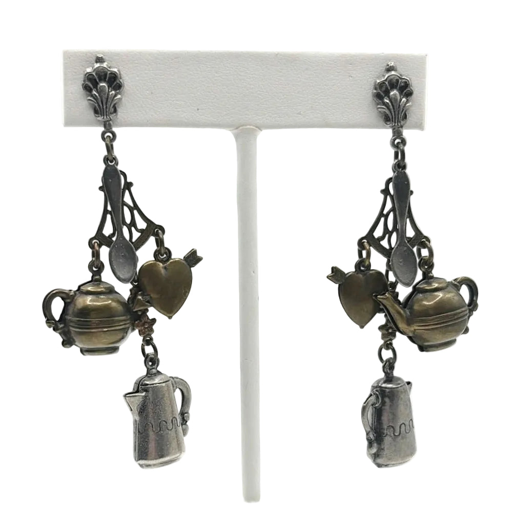 Vintage Brass Tea Party Charms Dangling Earrings 2”