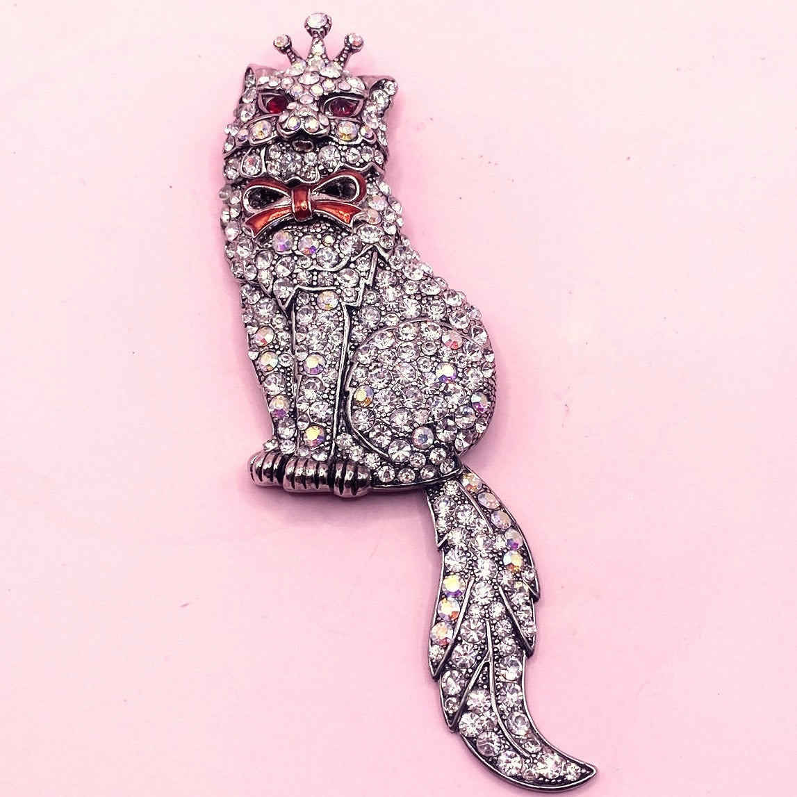 Vtg Rhinestone Cat Brooch Swivel Tail 4.5"