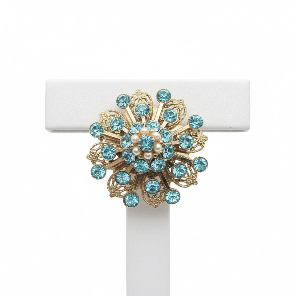 Vintage Filigree Blue Rhinestones Flower Brooch 1”
