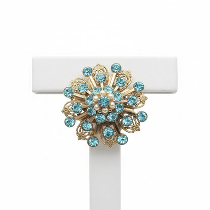 Vintage Filigree Blue Rhinestones Flower Brooch 1”