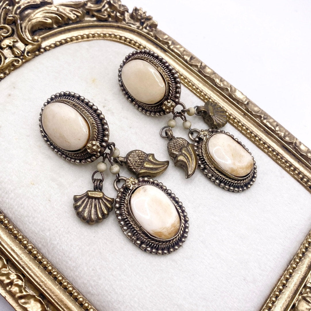 Vintage Dangling Brass Filigree Clip on Earrings and Bone Carved Cabochons 2"